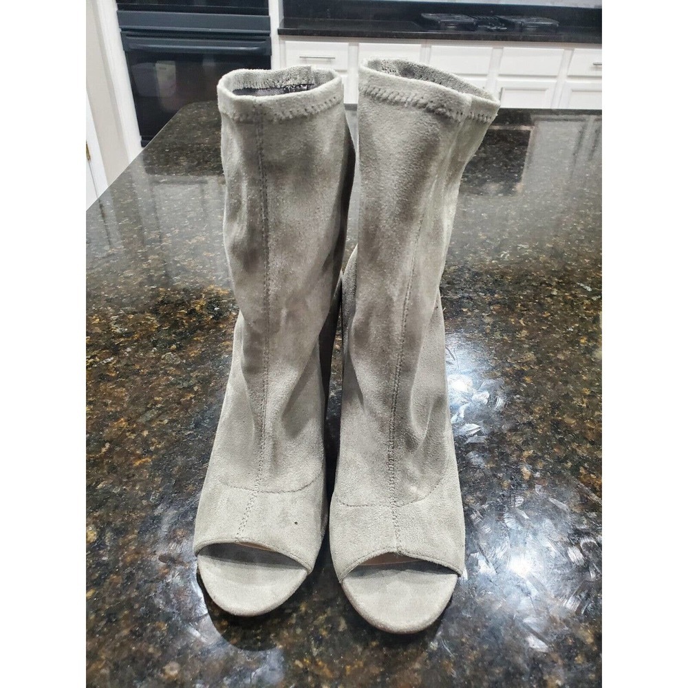 Noni Women's Gray Textile Upper Mid Calf Peep Toe Block Heels Casual Booties 8